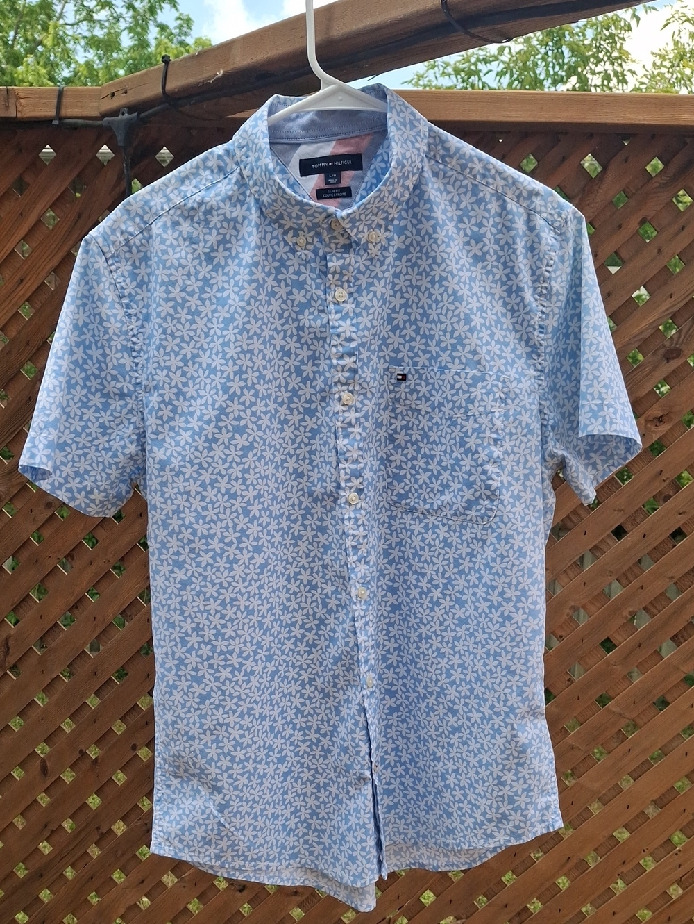 Tommy Hilfiger Slim Fit Blue Floral Short Sleeve Shirt - Size L/G